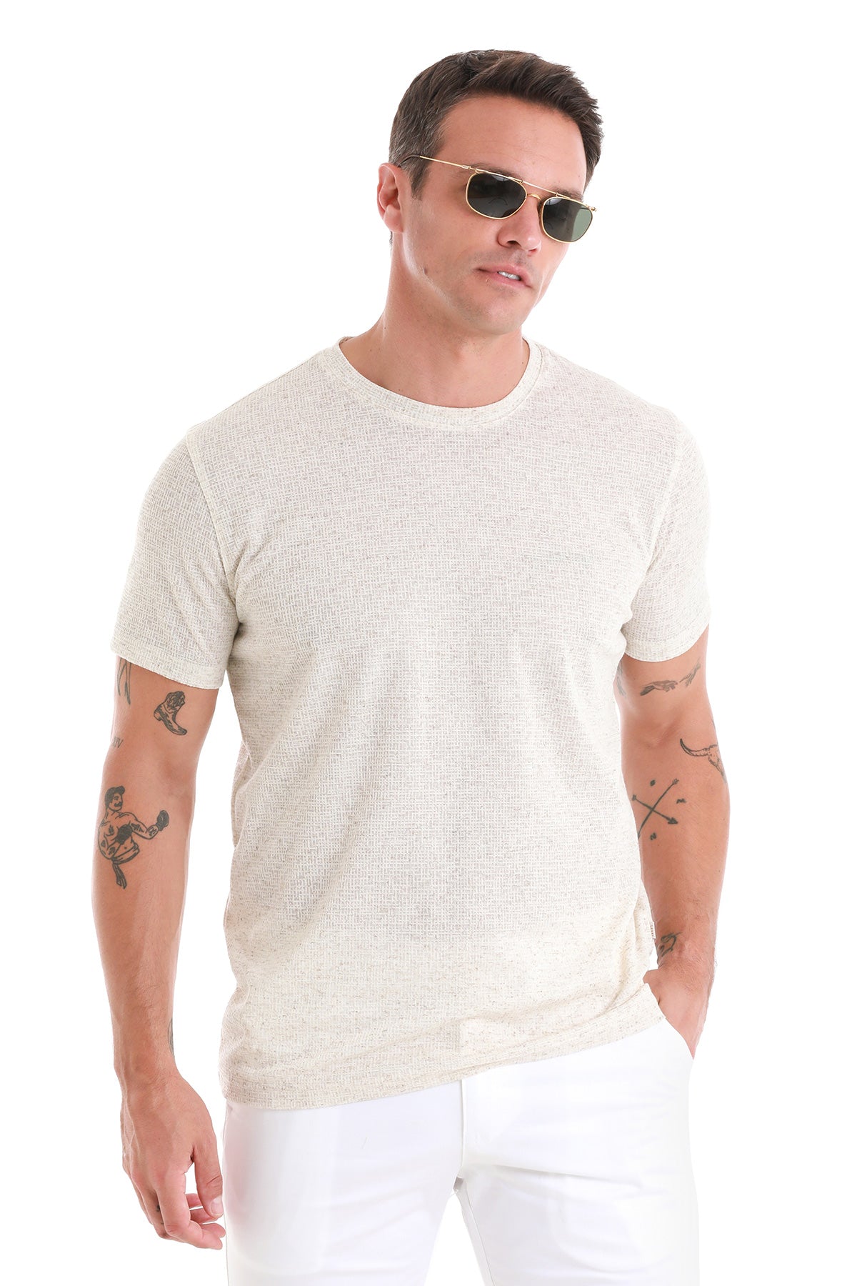 Regular Fit Beige Jacquard Cotton-Linen Blend Crewneck T-Shirt