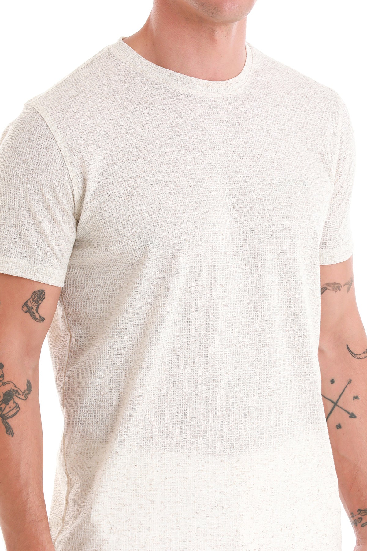 Regular Fit Beige Jacquard Cotton-Linen Blend Crewneck T-Shirt