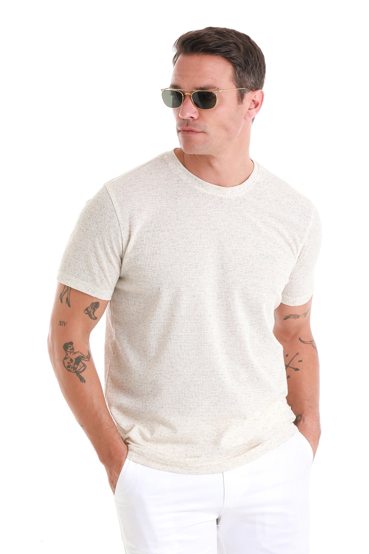 Regular Fit Beige Jacquard Cotton-Linen Blend Crewneck T-Shirt