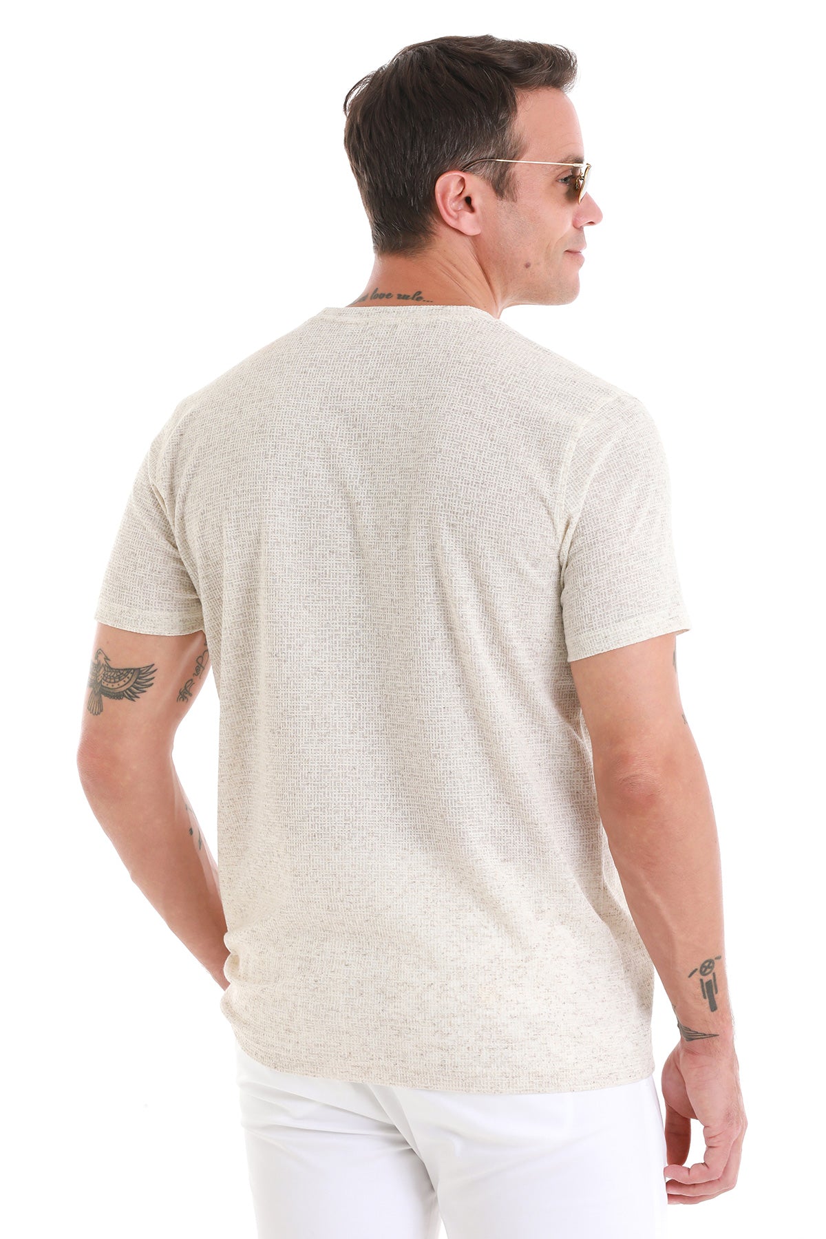 Regular Fit Beige Jacquard Cotton-Linen Blend Crewneck T-Shirt