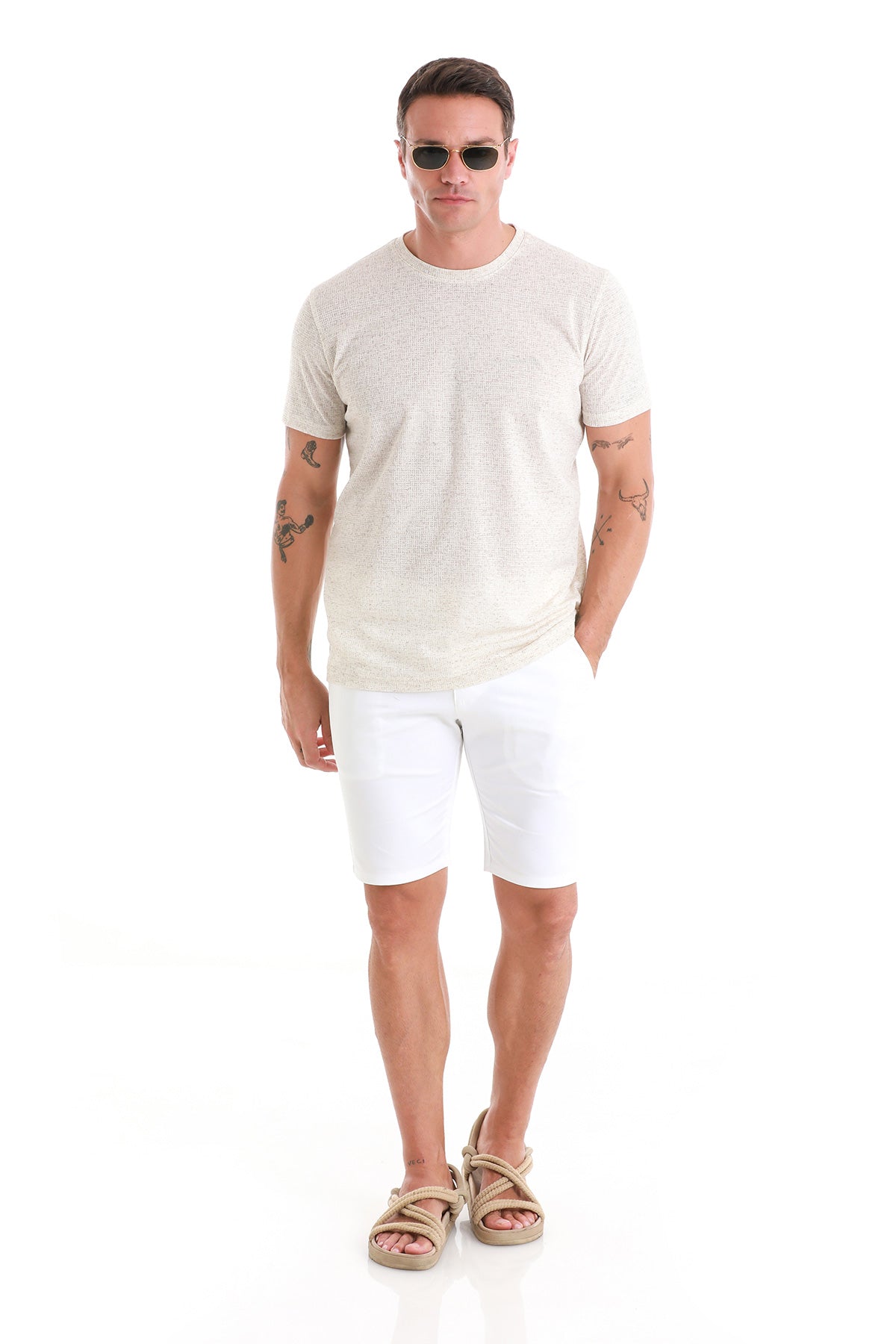 Regular Fit Beige Jacquard Cotton-Linen Blend Crewneck T-Shirt