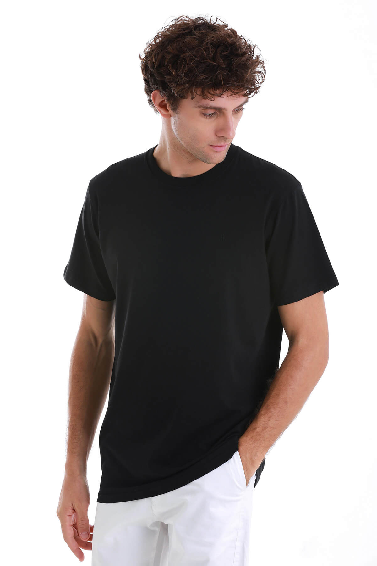 Regular Fit Cotton Blend Black Crewneck T-Shirt