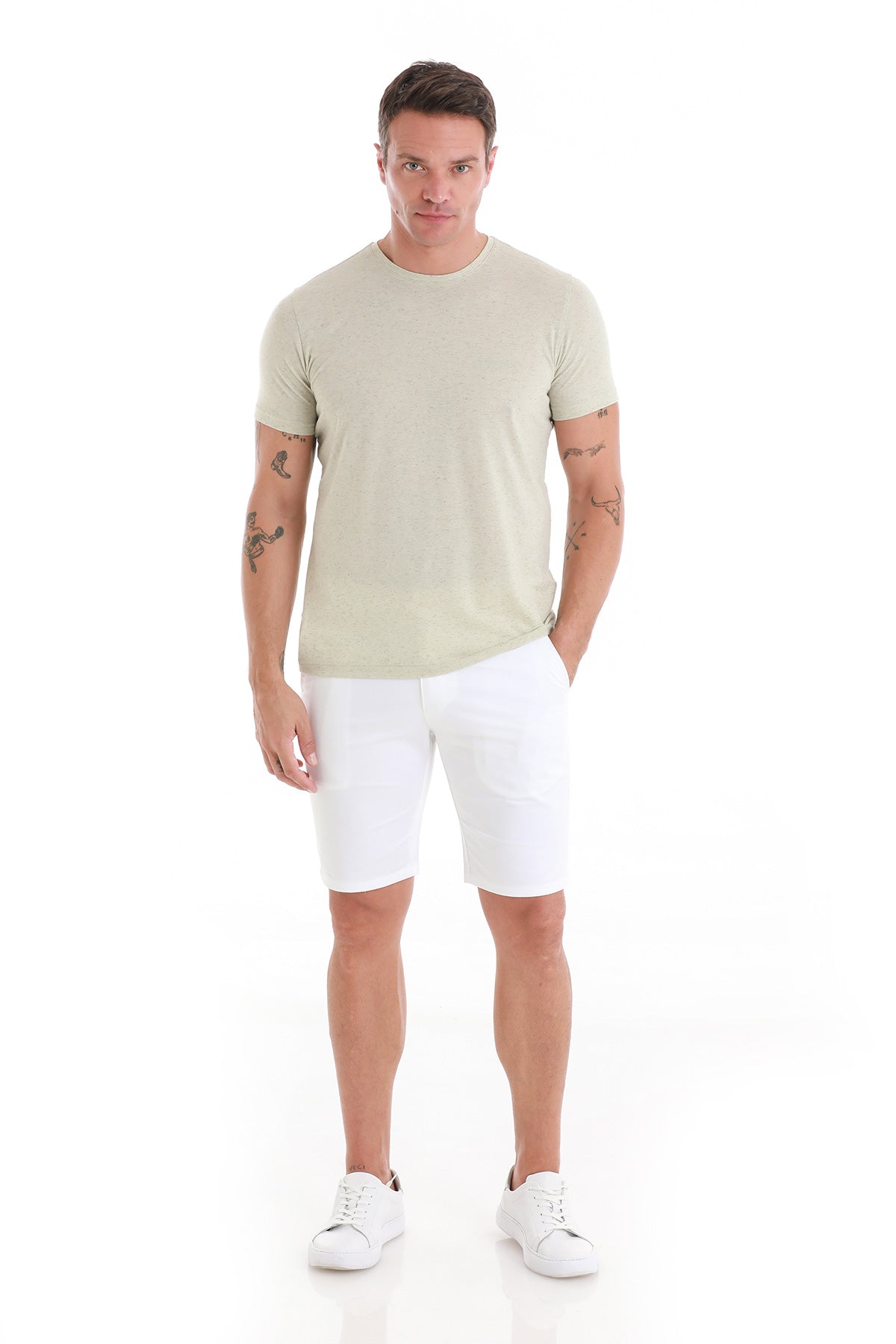 Regular Fit Green Linen-Blend Crewneck T-Shirt