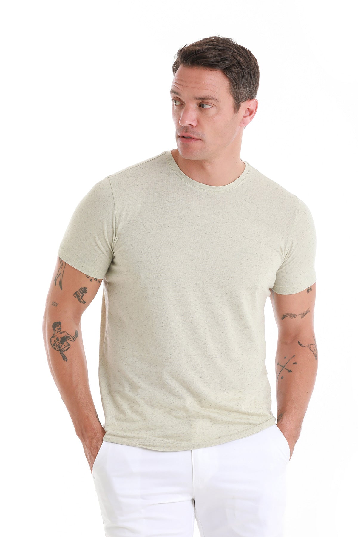 Regular Fit Green Linen-Blend Crewneck T-Shirt