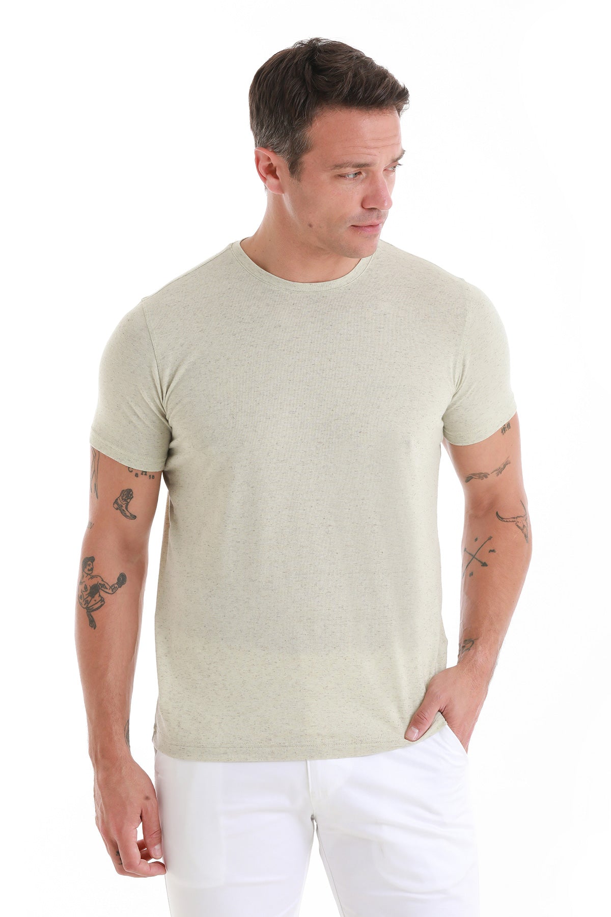 Regular Fit Green Linen-Blend Crewneck T-Shirt