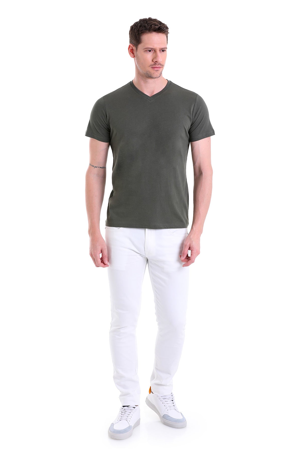Slim Fit Basic Cotton Khaki V-Neck T-Shirt