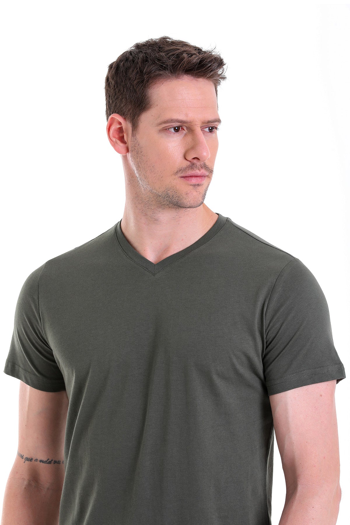 Slim Fit Basic Cotton Khaki V-Neck T-Shirt