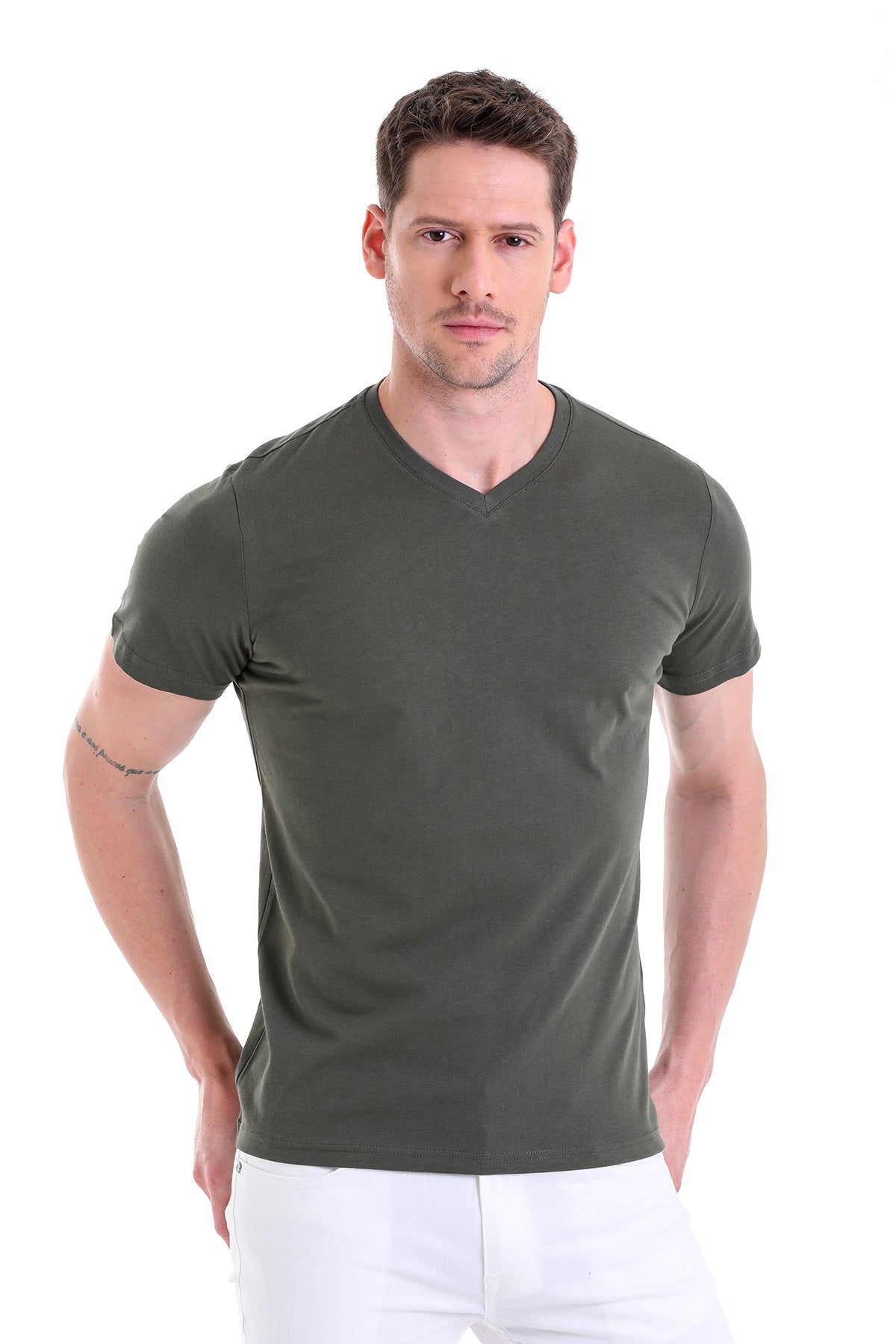Slim Fit Basic Cotton Khaki V-Neck T-Shirt