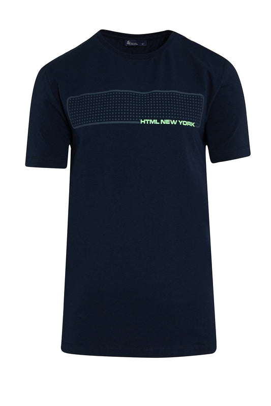 Slim Fit Navy Printed Cotton Blend Crew Neck T-Shirt